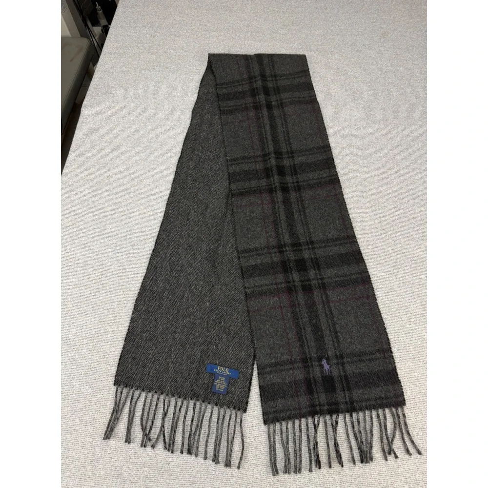 Polo Ralph Lauren Scarf Mens Grey Plaid Herringbone  Wool Blend Italy